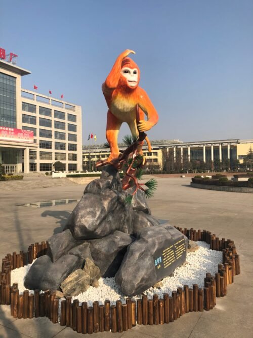 "Lifelike Golden Snub-Nosed Monkey Fiberglass Sculpture for Zoos" "Realistic Animal Park Landmark Display" "Golden Monkey Resin Sculpture for Wildlife Attractions"