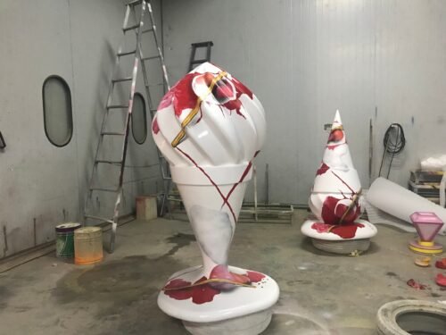 "Fiberglass ice cream sculpture with realistic colors" "Custom oversized ice cream cone display" "Outdoor colorful ice cream statue for marketing"